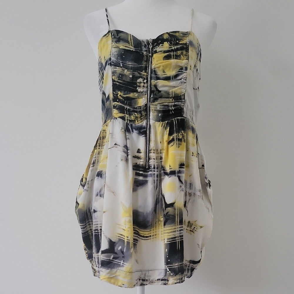 Women's Snap Yellow Black White Spaghetti Strap Cocktail Mini Sundress Size L